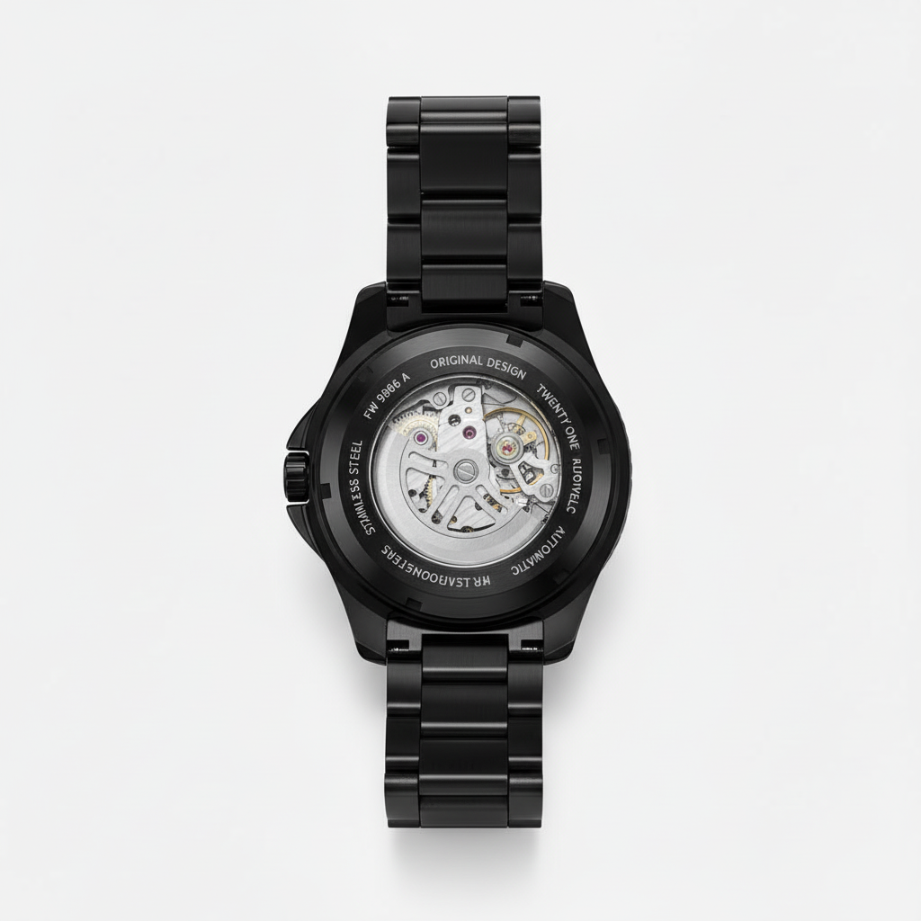 Black mechanical watch with open face on a white background