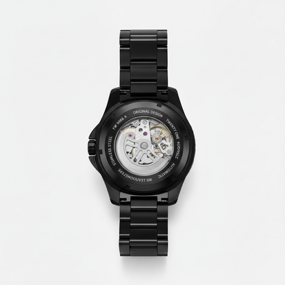 Black mechanical watch with open face on a white background