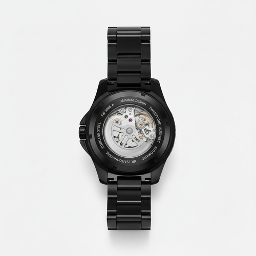 Black mechanical watch with open face on a white background