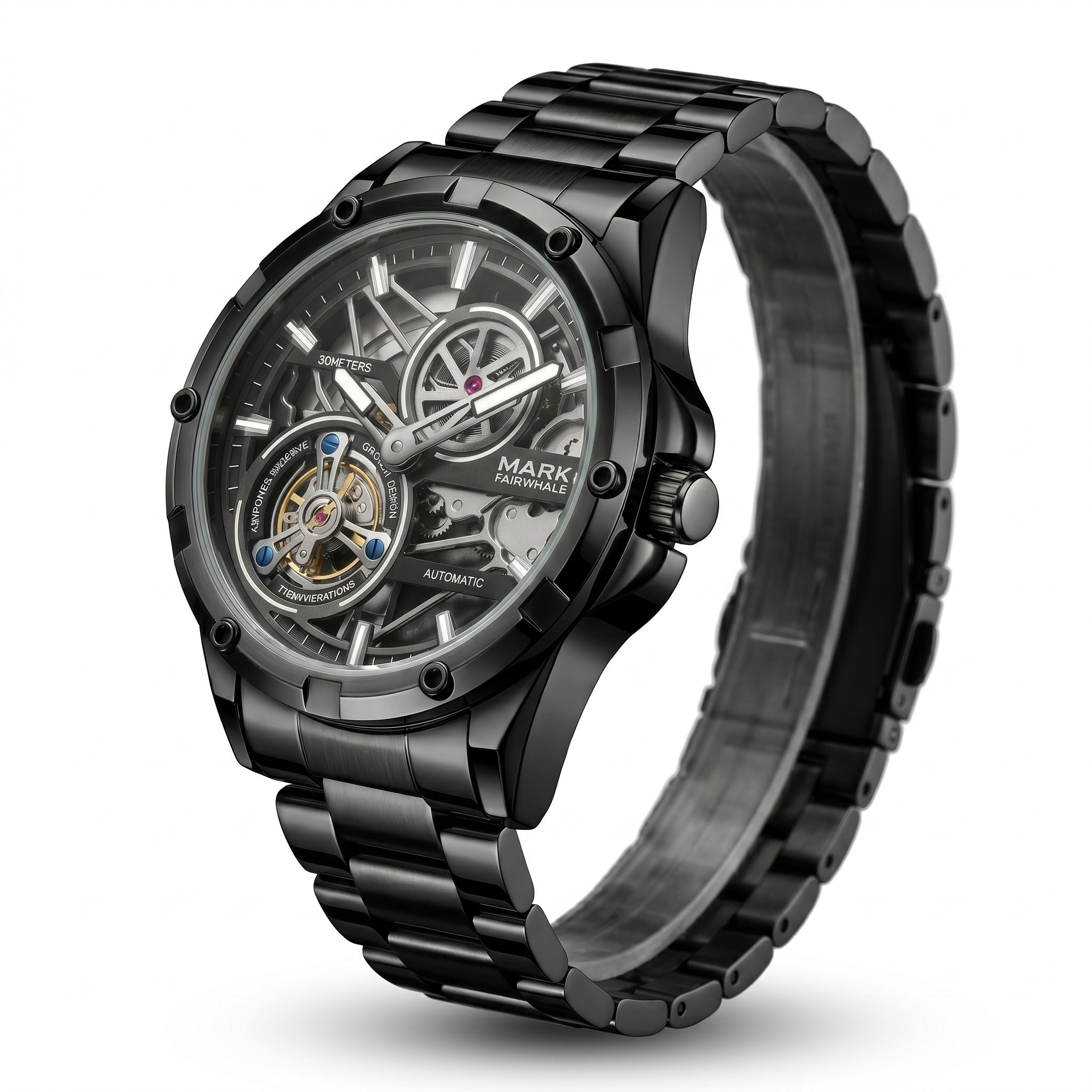 Black mechanical watch with transparent face on a white background