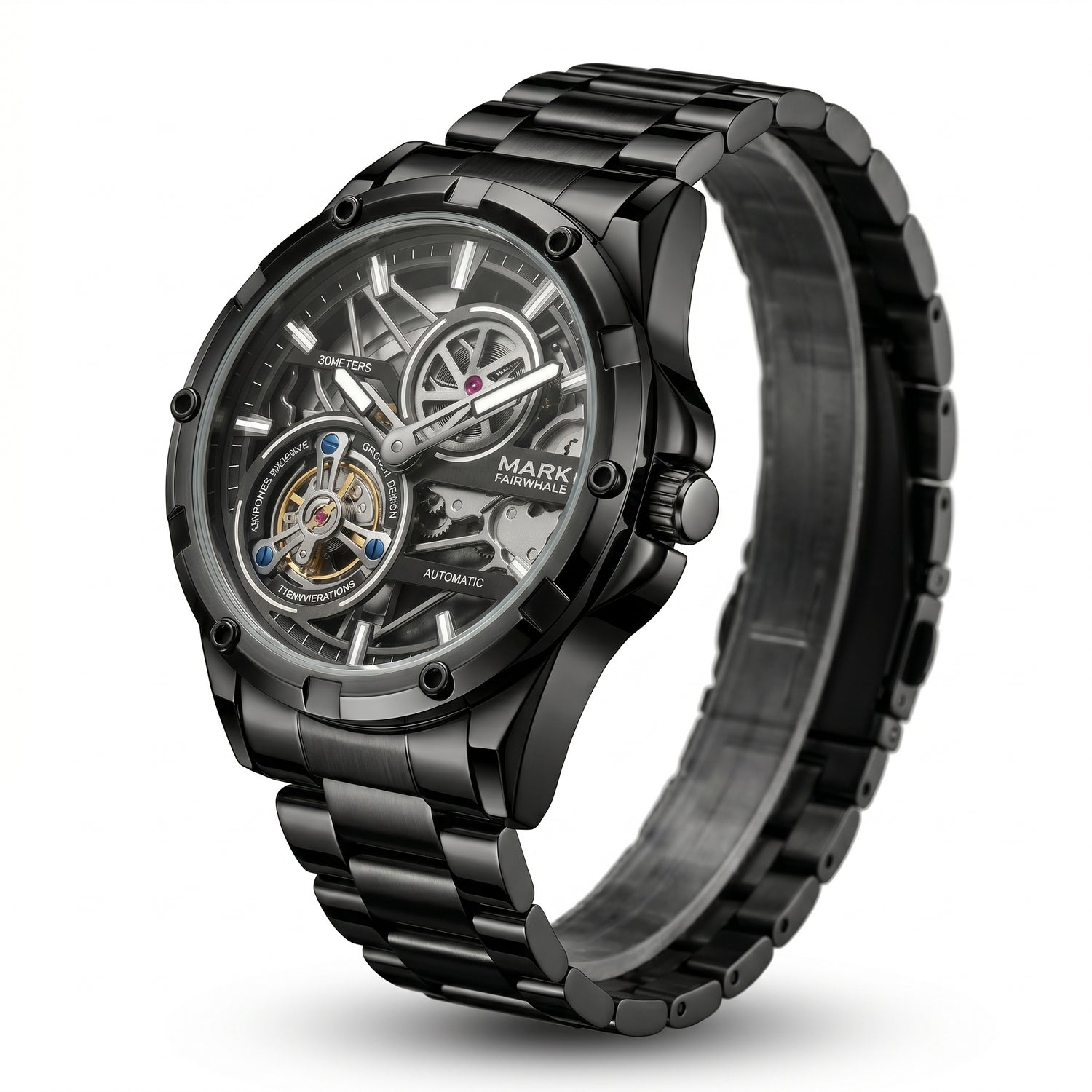 Black mechanical watch with transparent face on a white background