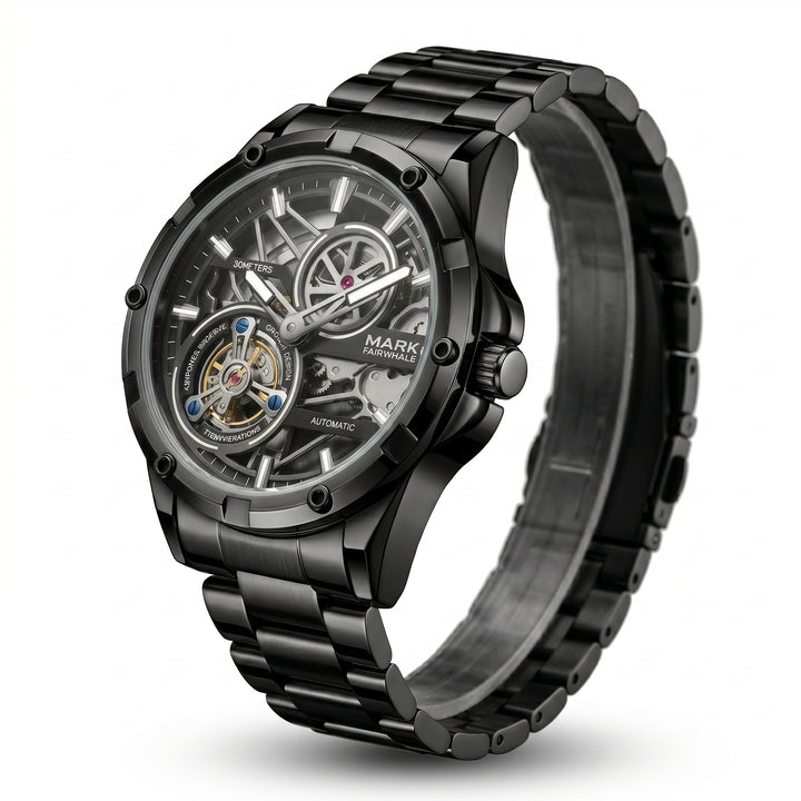 Black mechanical watch with transparent face on a white background