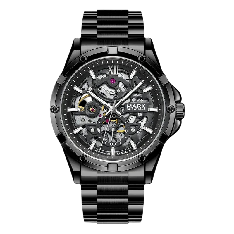 Black mechanical watch with visible brand name on a white background