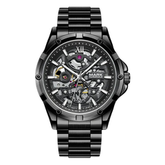 Black mechanical watch with visible brand name on a white background