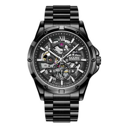 Black mechanical watch with visible brand name on a white background