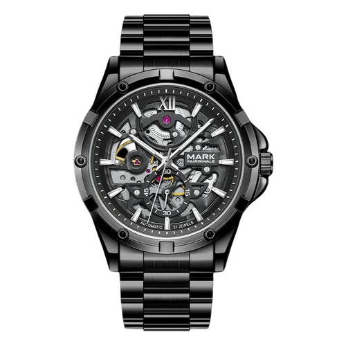 Black mechanical watch with visible brand name on a white background