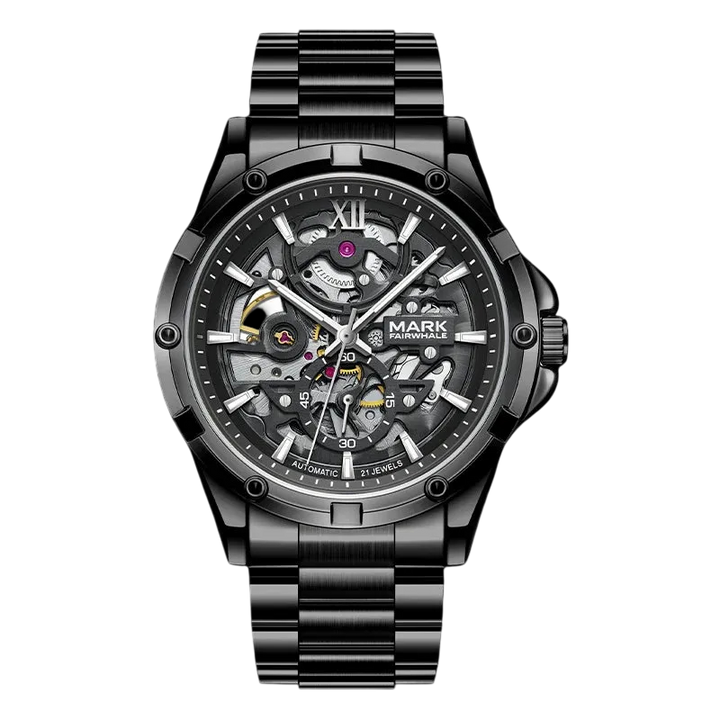 Black mechanical watch with visible brand name on a white background