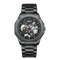 Black mechanical watch with visible brand name on a white background