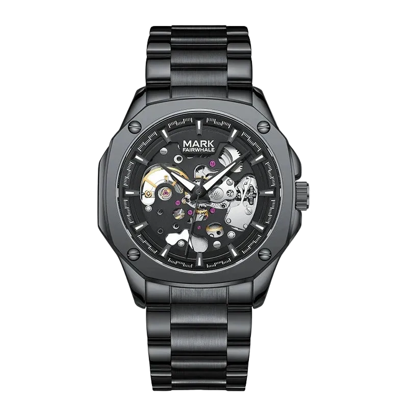 Black mechanical watch with visible brand name on a white background