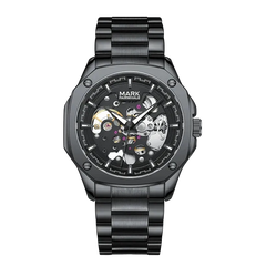 Black mechanical watch with visible brand name on a white background