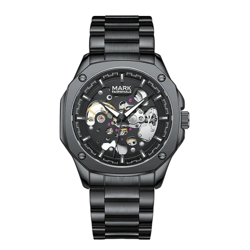 Black mechanical watch with visible brand name on a white background