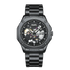 Black mechanical watch with visible brand name on a white background