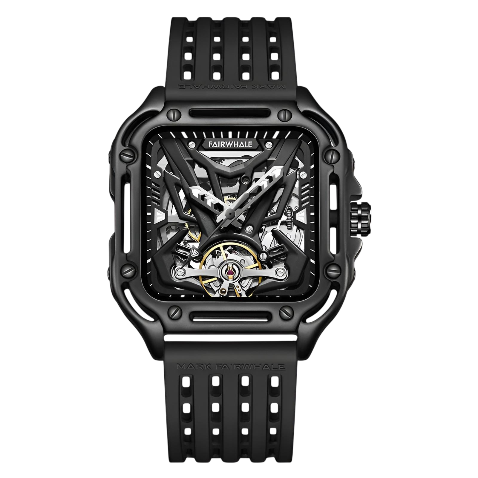 Black mechanical watch with a detailed face on a white background