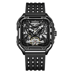 Black mechanical watch with a detailed face on a white background