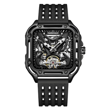 Black mechanical watch with a detailed face on a white background