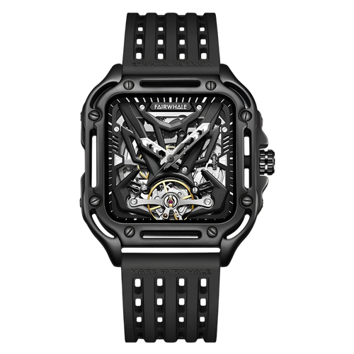 Black mechanical watch with a detailed face on a white background