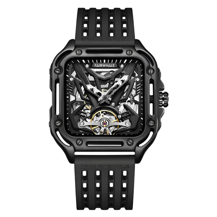 Black mechanical watch with a detailed face on a white background