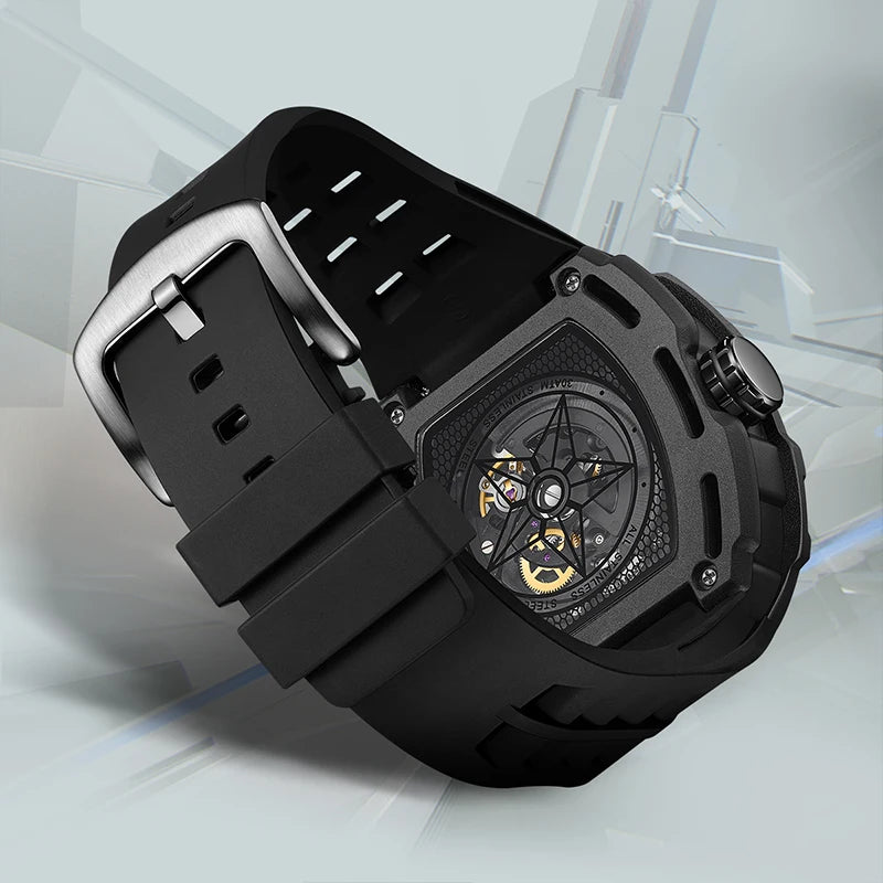 Black rubber strap and stainless steel case back of Mark Fairwhale FW-6650 TRIONATO.
