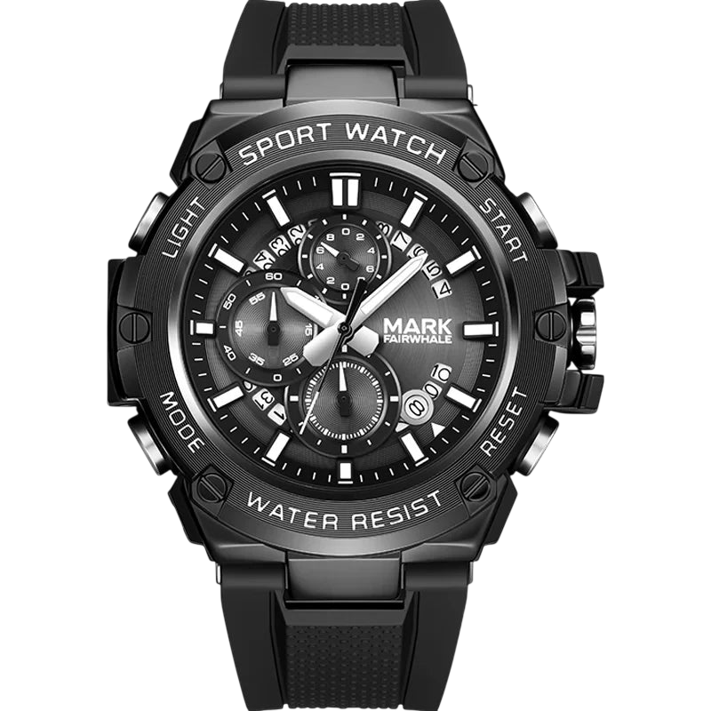 Black sport watch with detailed face on a white background