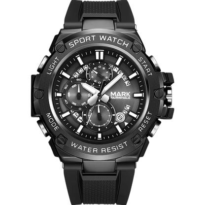 Black sport watch with detailed face on a white background
