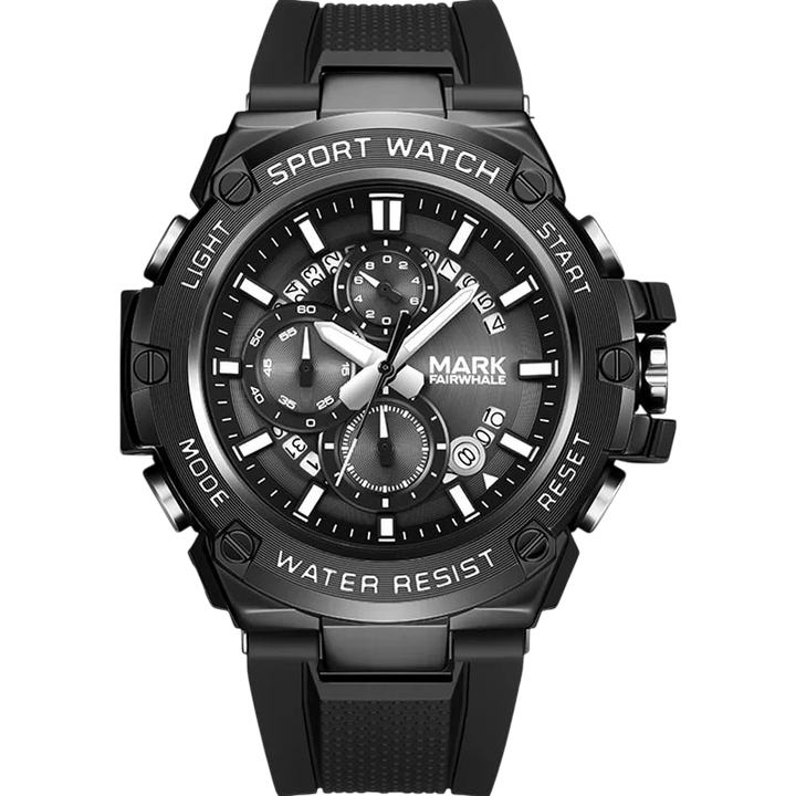 Black sport watch with detailed face on a white background