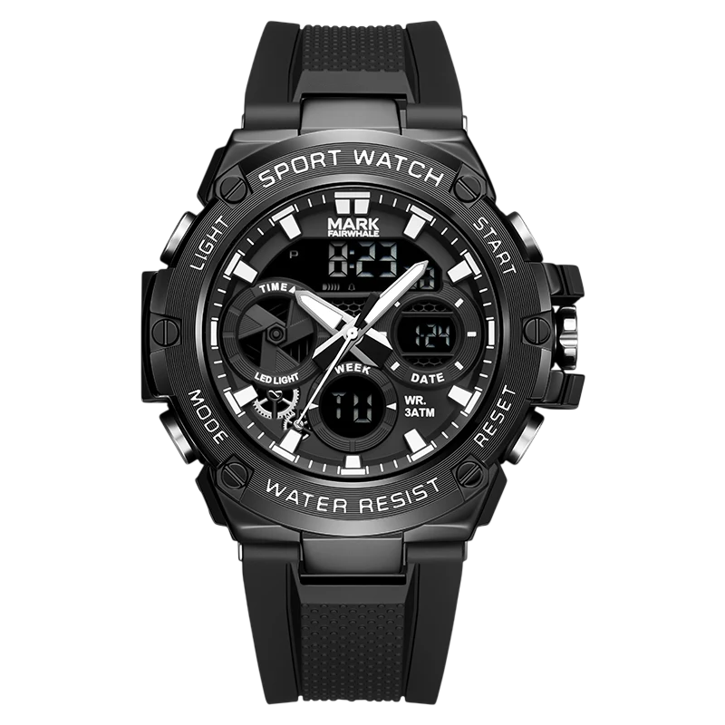 Black sport watch with digital and analog display on a white background