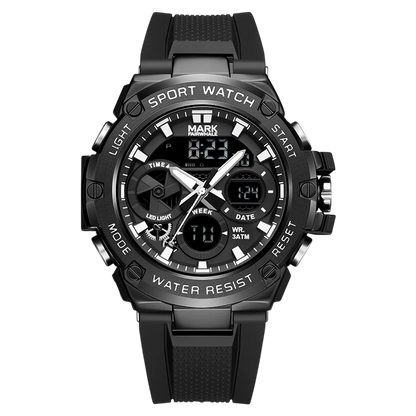 Black sport watch with digital and analog display on a white background