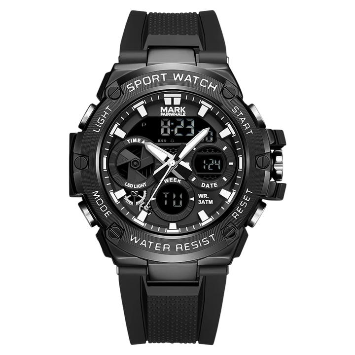Black sport watch with digital and analog display on a white background