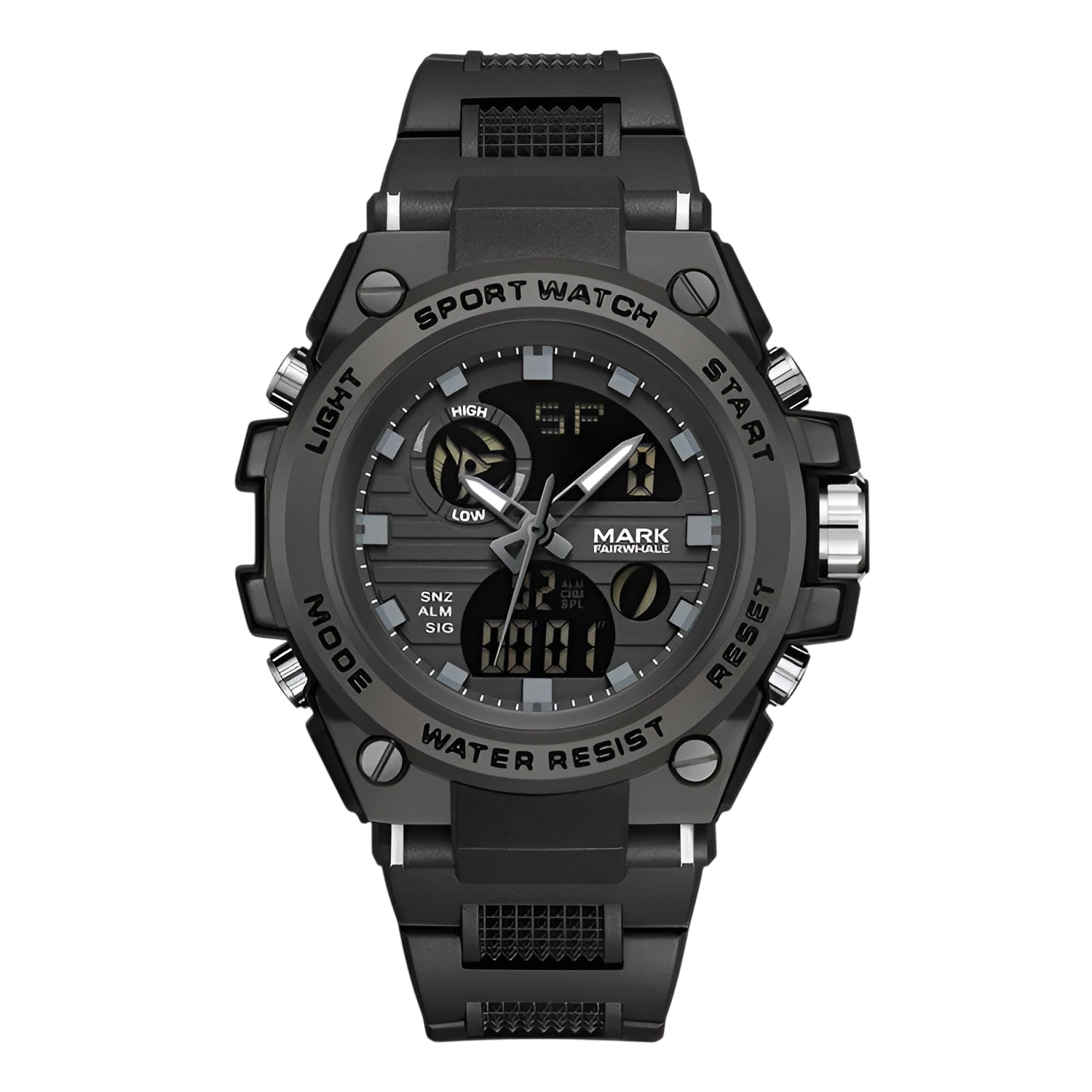 Black sport watch with digital and analog display on a white background