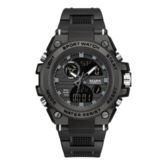 Black sport watch with digital and analog display on a white background