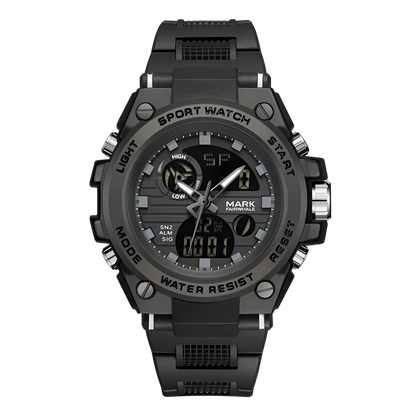 Black sport watch with digital and analog display on a white background