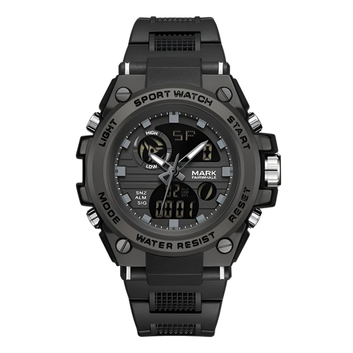 Black sport watch with digital and analog display on a white background