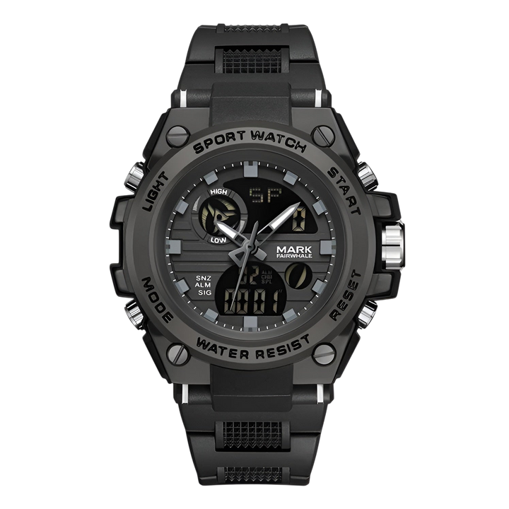 Black sport watch with digital and analog display on a white background