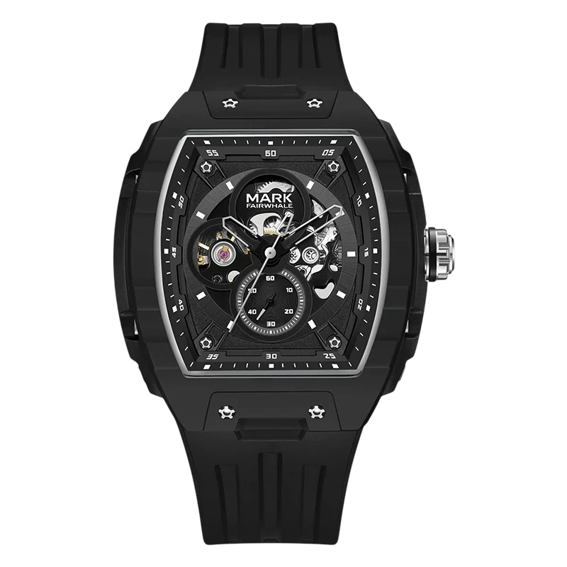 Black watch with detailed face on a white background