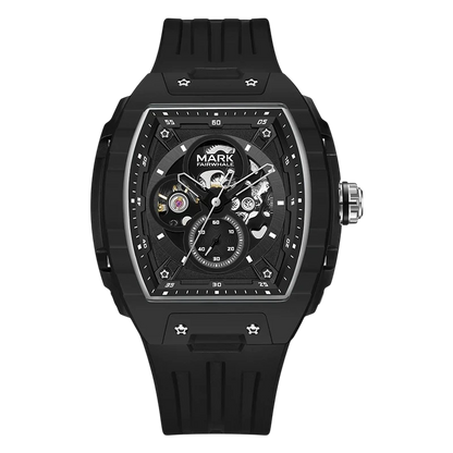 Black watch with detailed face on a white background