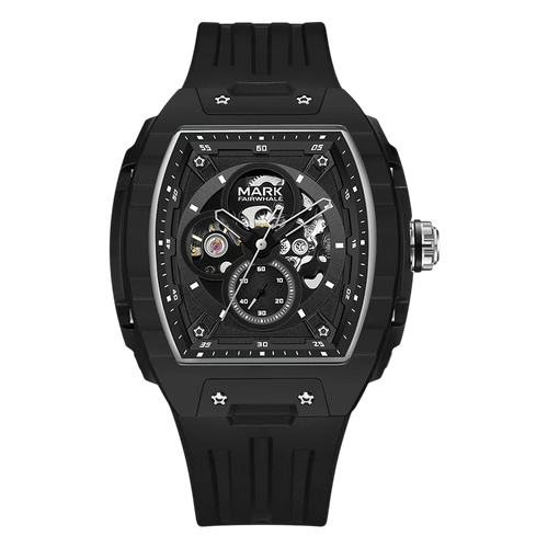 Black watch with detailed face on a white background