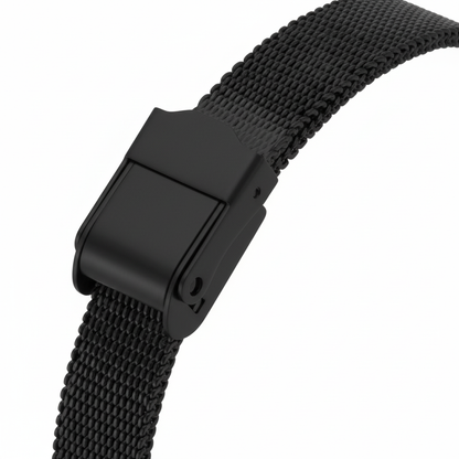 Black watch strap with clasp on a white background