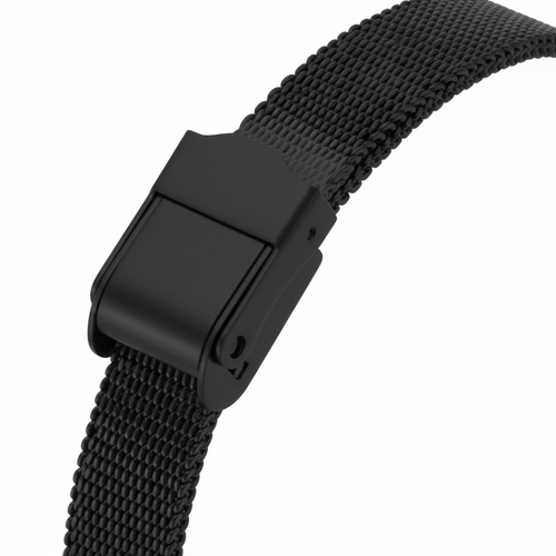 Black watch strap with clasp on a white background