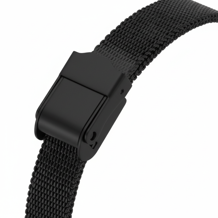 Black watch strap with clasp on a white background