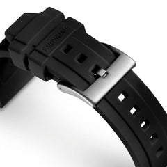 Black watch strap with silver buckle on a white background
