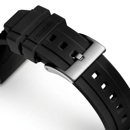 Black watch strap with silver buckle on a white background