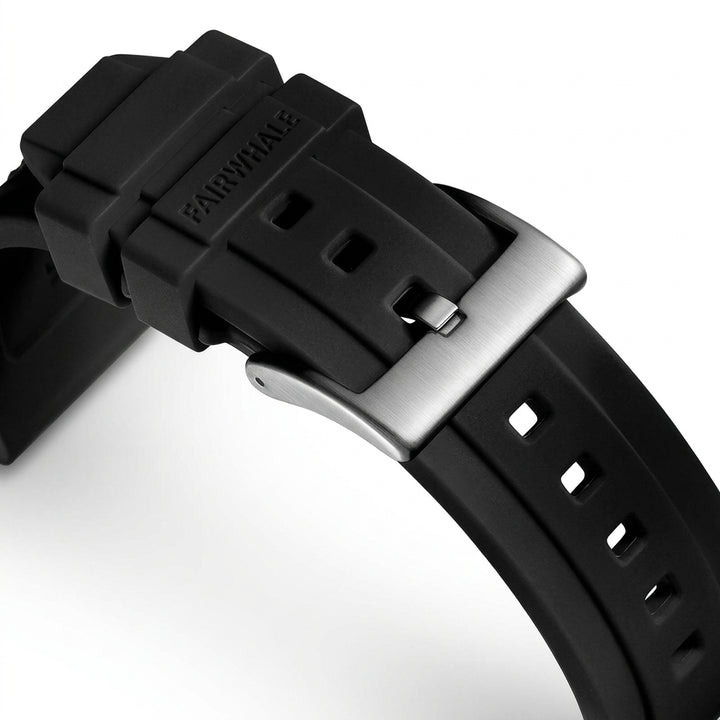 Black watch strap with silver buckle on a white background