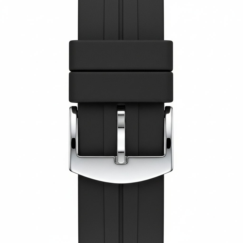 Black watch strap with silver buckle on a white background