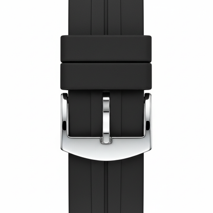 Black watch strap with silver buckle on a white background