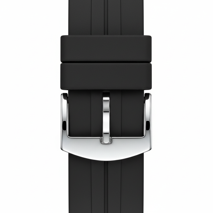Black watch strap with silver buckle on a white background
