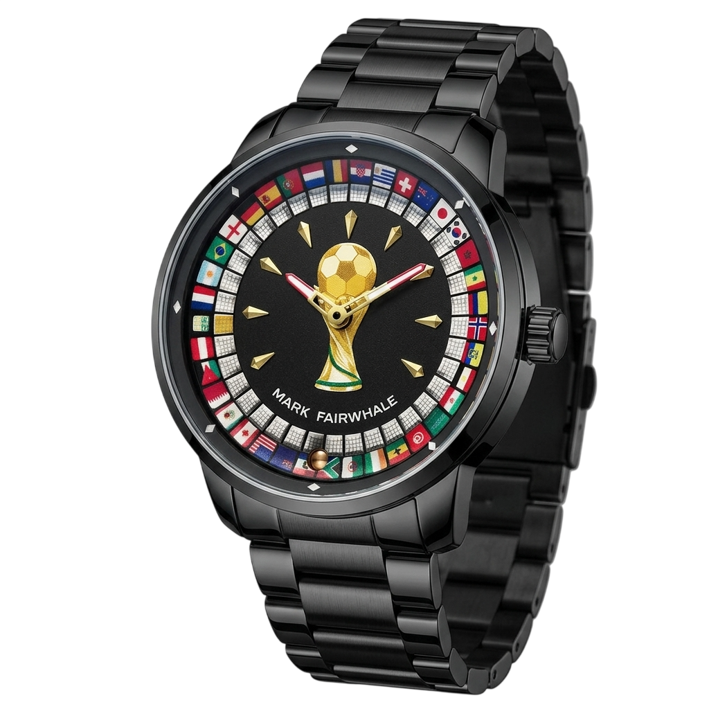 Black watch with a detailed face featuring a soccer trophy and world flags on a white background