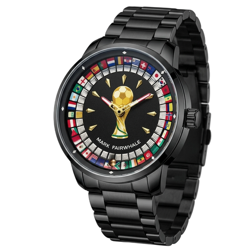 Black watch with a detailed face featuring a soccer trophy and world flags on a white background