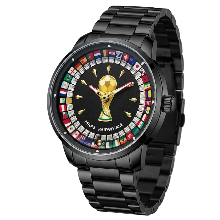 Black watch with a detailed face featuring a soccer trophy and world flags on a white background