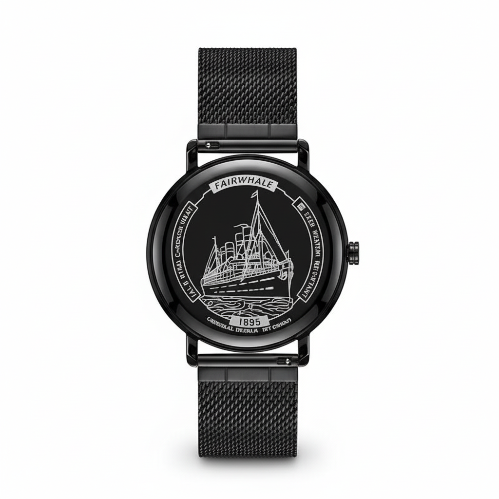 Black watch with a detailed face on a white background