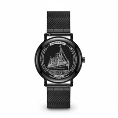 Black watch with a detailed face on a white background
